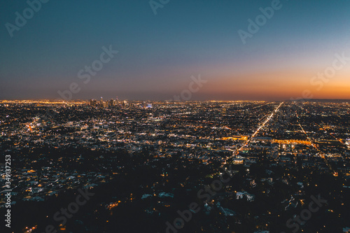 Aerial Wide View over Glowing Los Angeles, California City Lights Scape
