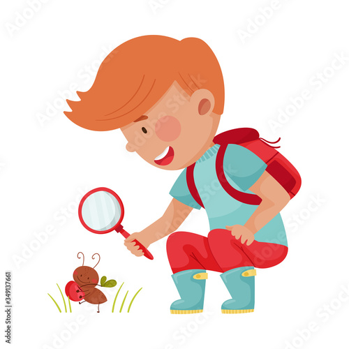 Little Boy Hunkering Down with Magnifying Glass Exploring Ant Crawling on the Ground Vector Illustration