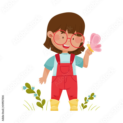 Little Girl with Butterfly Sitting on Her Hand Vector Illustration