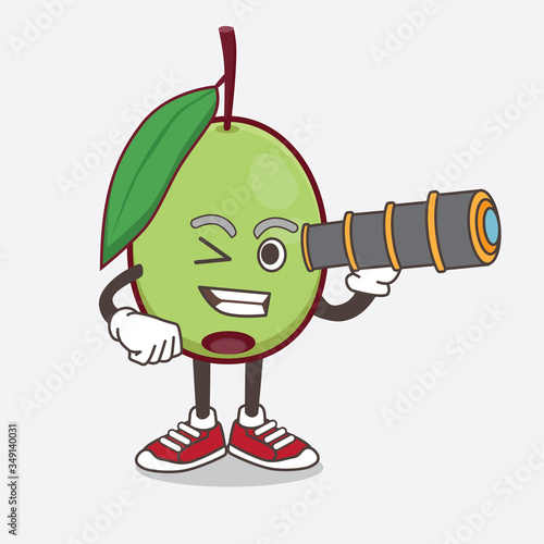 Olive Fruit cartoon mascot character using a monocular