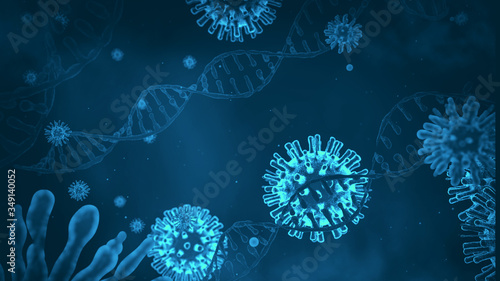 Photos Virus close-up on a background of a DNA helix, RNA and virus, 3D rendering