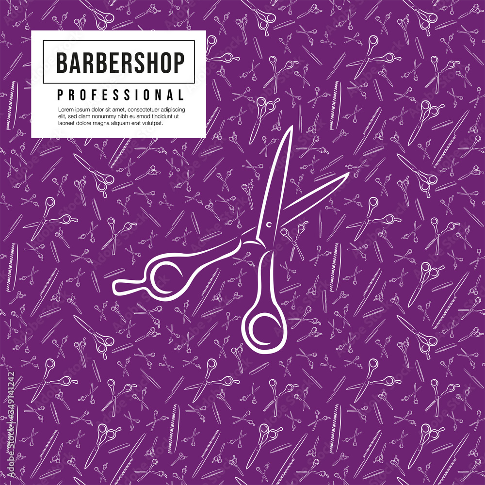 Seamless pattern. Print for clothes. Patterns for packaging. Professional scissors for haircuts and hairbrush. Drawing for a hairdresser Seamless pattern. Print for clothes. Patterns for packaging. Professional scissors for haircuts and hairbrush. Drawing for a hairdresser