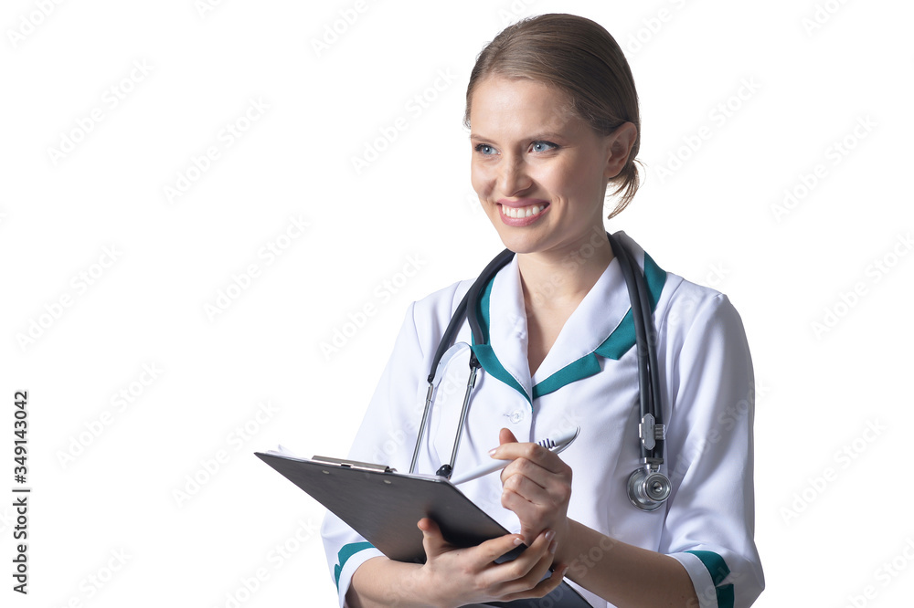 Portrait of female doctor posing on white isolated