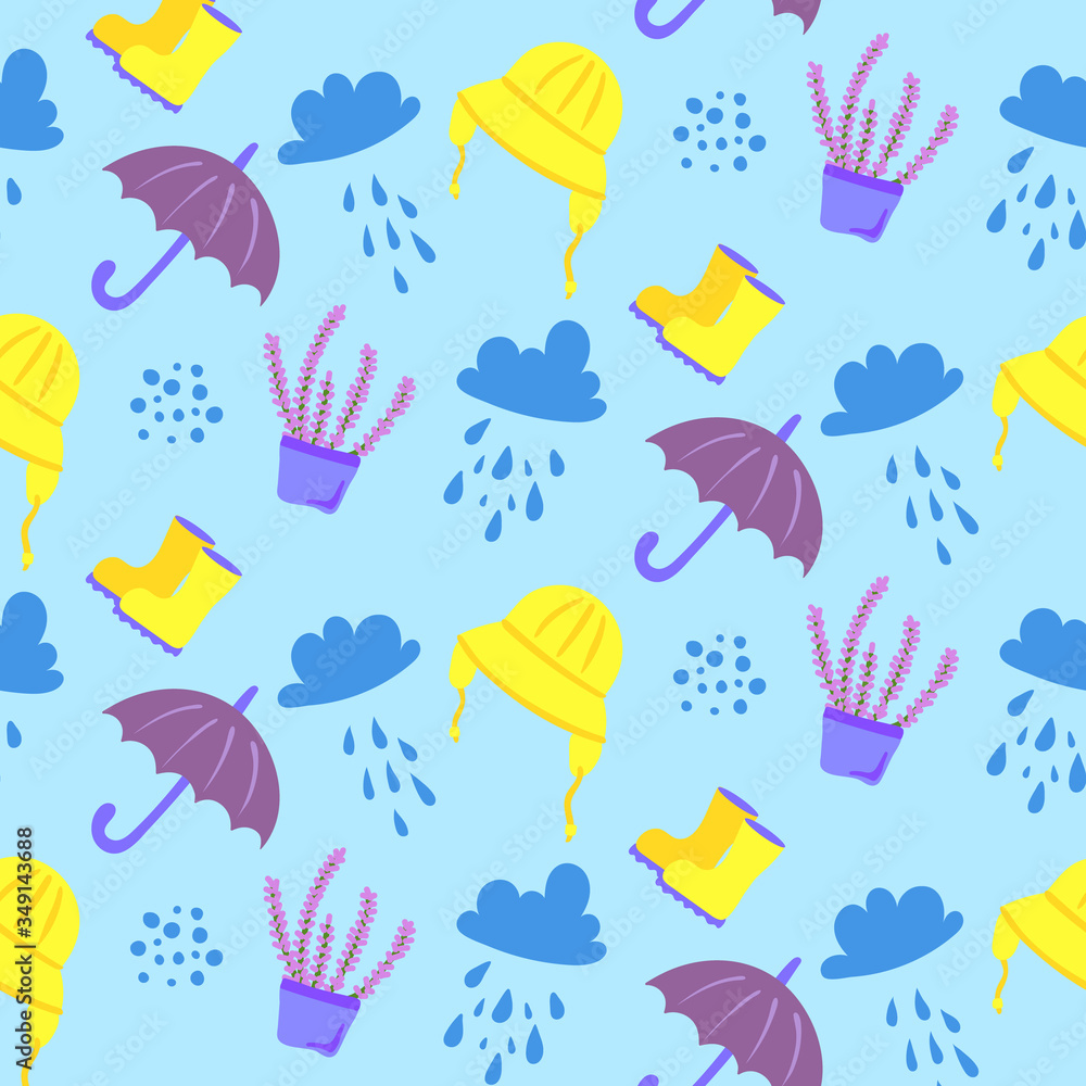 Seamless pattern in cartoon doodle style with umbrellas, rainy hat, flowers, clouds, rain boots