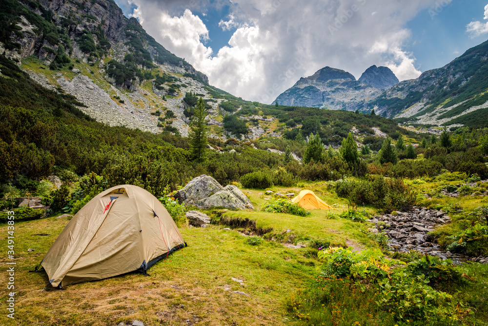 Beautiful mountain scenery and camping tents. Rila mountain , Bulgaria. 