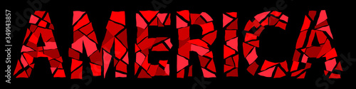 America - broken isolated inscription. Red letters made of pieces, fragments, like broken glass. Beaten America for posters, banners, flyers, cards and prints on clothing. Stock vector illustration.