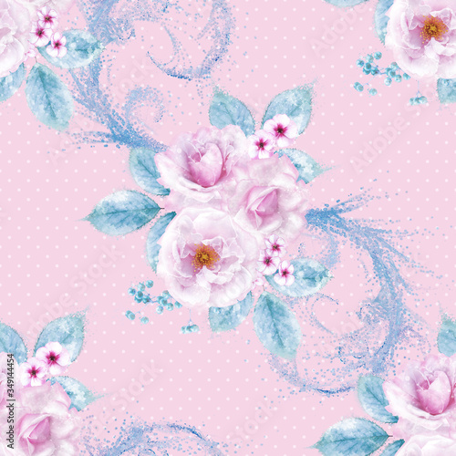 Delicate beautiful pink, lilac roses, blue pastel foliage, clusters of berries, flower arrangement, realism, seamless pattern