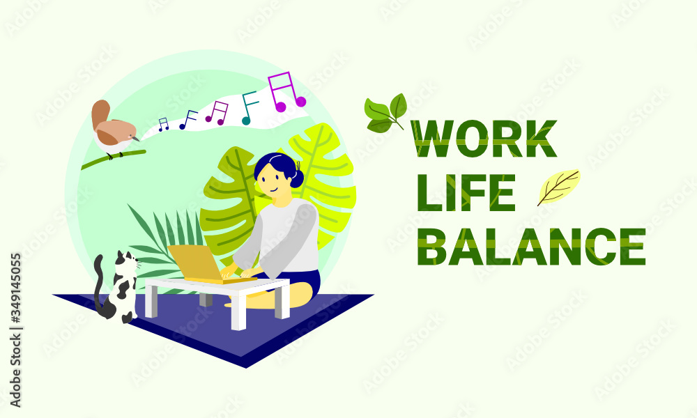 Illustration vector of concept of work life balance with person who is studying and working with lovely cat, singing bird and natural background.The text of work life balance cover with texture Illustration vector of concept of work life balance with person who is studying and working with lovely cat, singing bird and natural background.The text of work life balance cover with texture