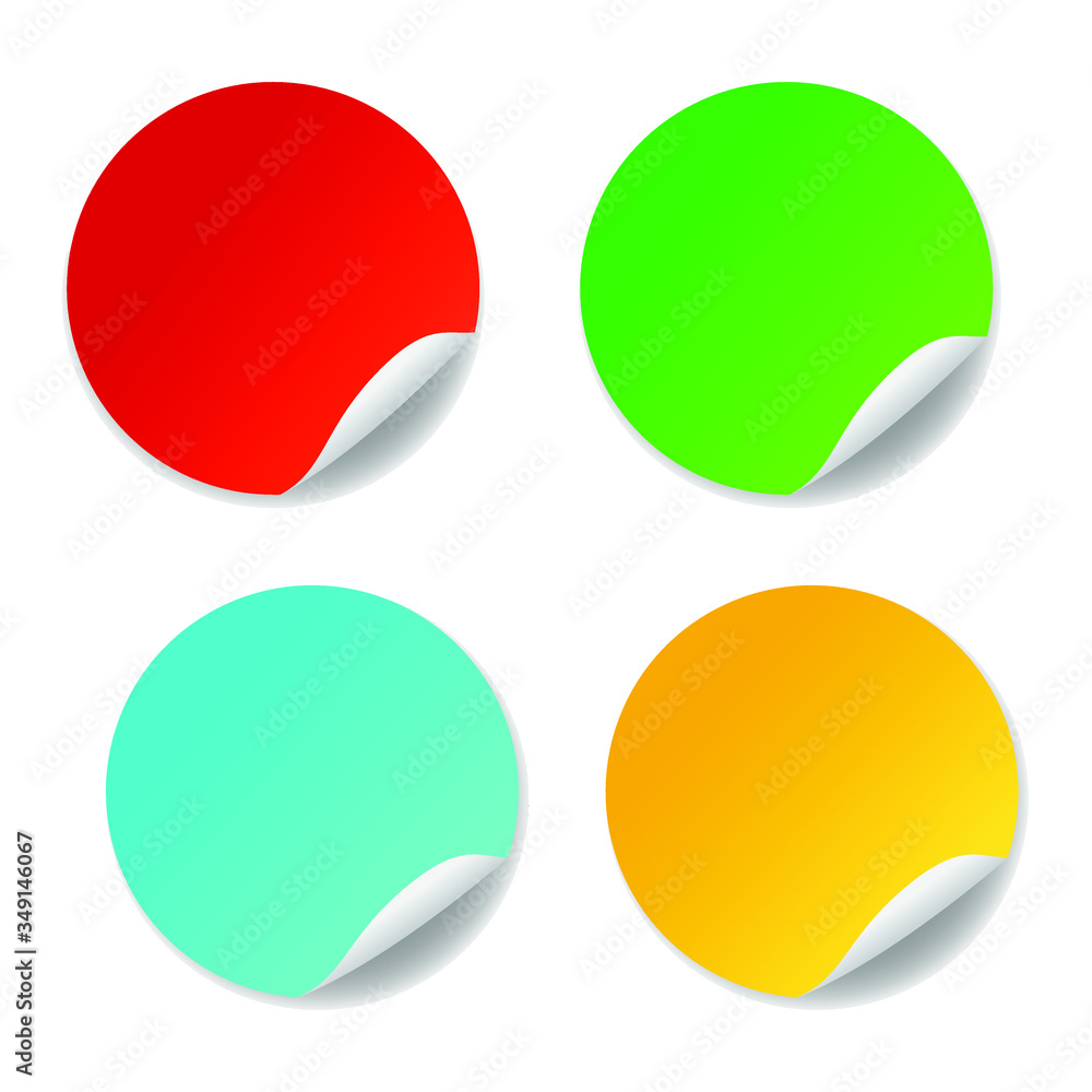 Round stickers isolated on white background. Yellow, red, blue, green vector blank, banner or circular folded label. Set for present, advertisement circular price, vector rounded discount promo tags Round stickers isolated on white background. Yellow, red, blue, green vector blank, banner or circular folded label. Set for present, advertisement circular price, vector rounded discount promo tags