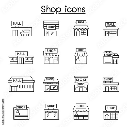 Set of shop line icons. contains such Icons as, supermarket, shopping mall, hypermarket, store and more.