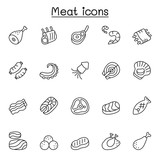 Meat, pork, beef, seafood icons set in thin line style