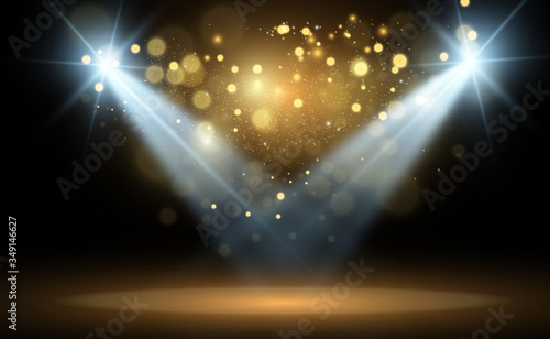 White stage with spotlights. Vector illustration of a light with sparkles on a transparent background.