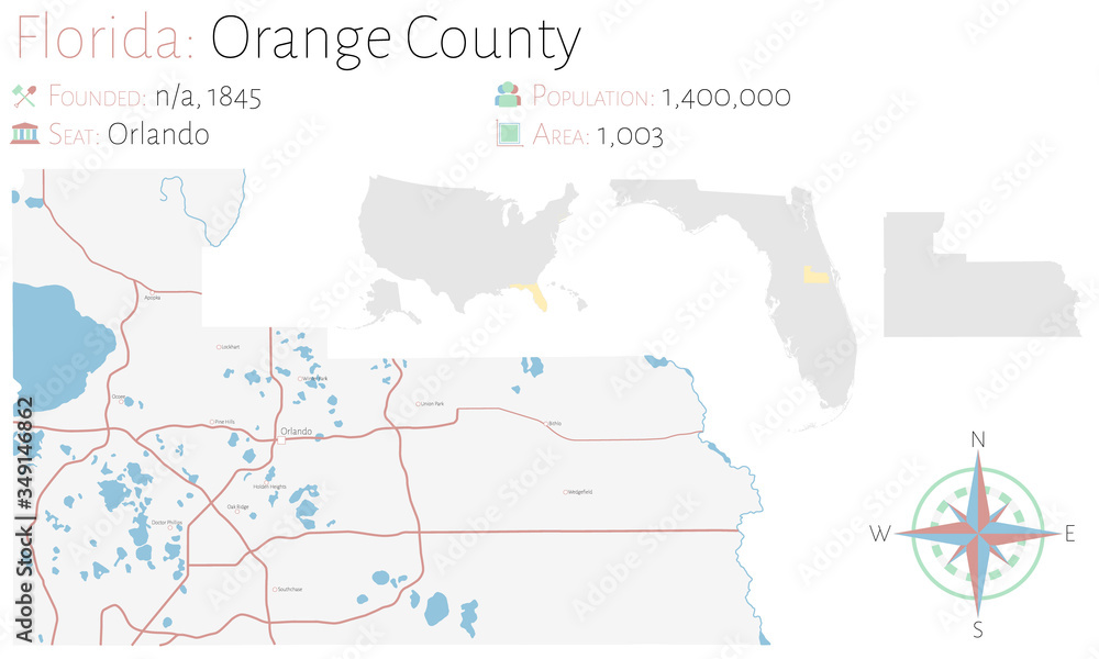 Large and detailed map of Orange county in Florida, USA.