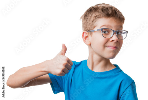 Blond hair boy in glasses showing thumbs up gesture  isolated on white background