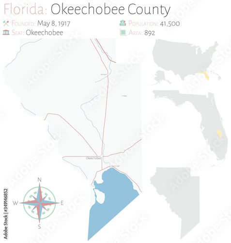 Large and detailed map of Okeechobee county in Florida, USA.