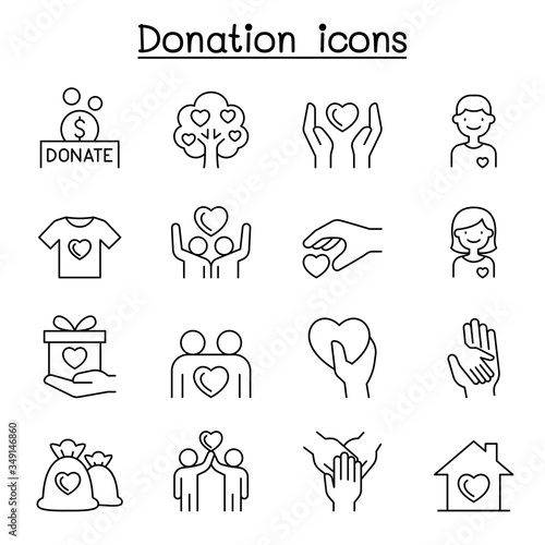 Set of Donation & charity line icons. contains such Icons as, volunteer, fundraiser, kindness, giving, assistance, support, care and more.