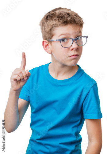 Boy in glasses showing thumbs up gesture  isolated on white background