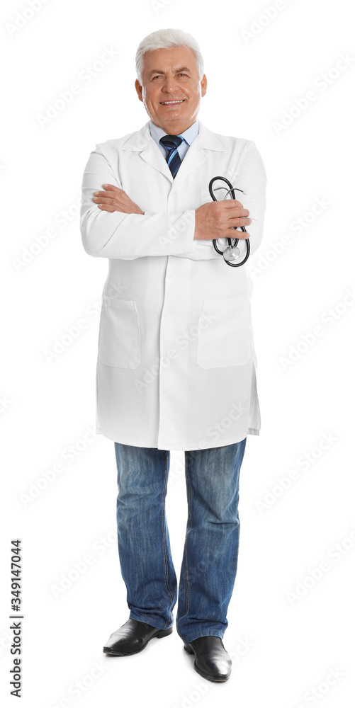 Senior doctor with stethoscope on white background Senior doctor with stethoscope on white background