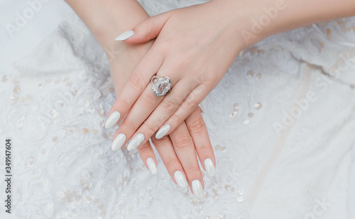 White classical pearl manicure, close up, beauty details