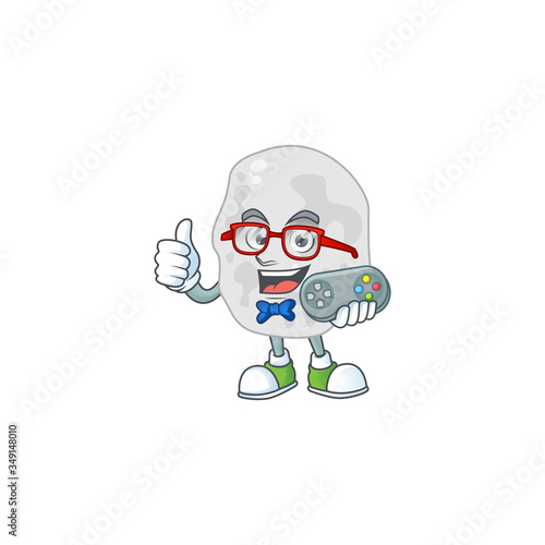 Cartoon mascot design of planctomycetes play a game with controller