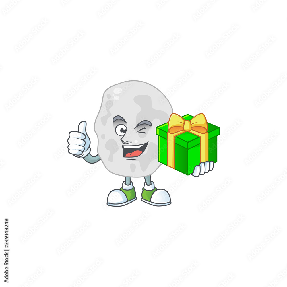 Happy smiley planctomycetes cartoon mascot design with a gift box Happy smiley planctomycetes cartoon mascot design with a gift box