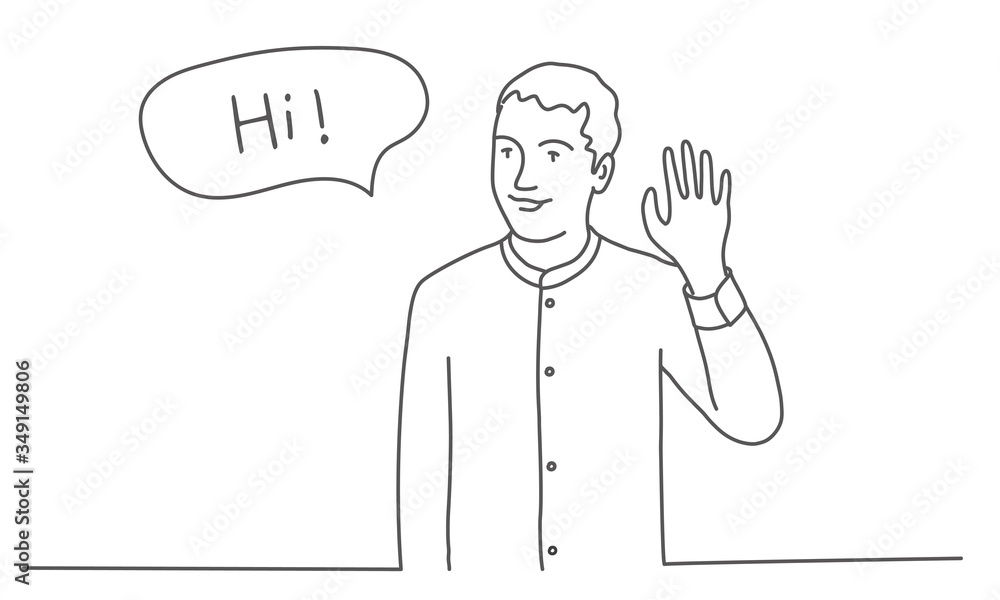 Man waving hand. Speech bubble hi. Line drawing vector illustration. Man waving hand. Speech bubble hi. Line drawing vector illustration.