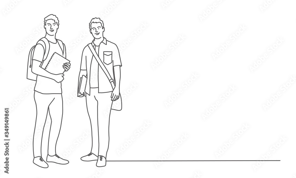Two guys with books and backpack. Students. Contour drawing vector illustration. Two guys with books and backpack. Students. Contour drawing vector illustration.