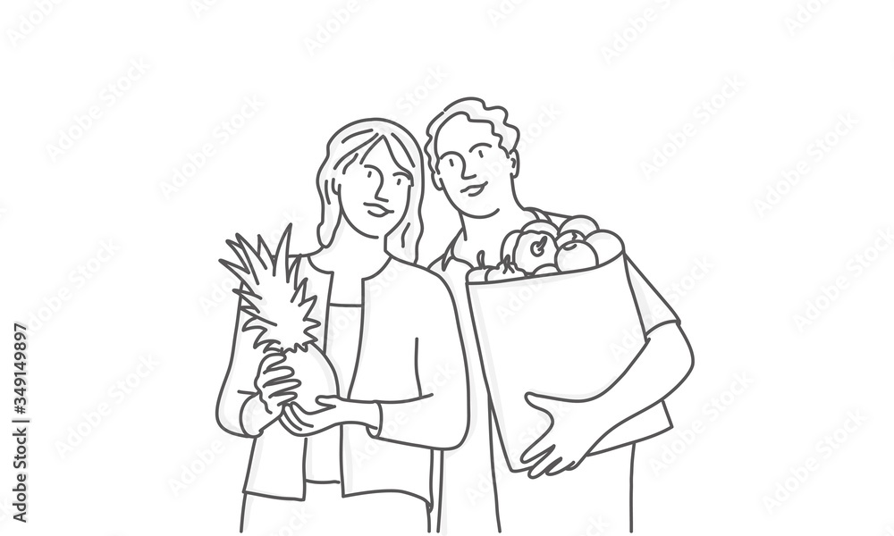 Happy couple holding paper bag with organic fresh food. Line drawing vector illustration.