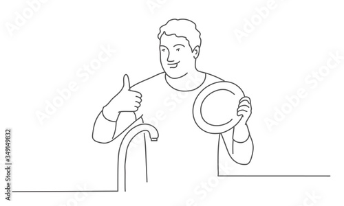 Man washes dishes. Guy doing thumbs up. Line drawing vector illustration.