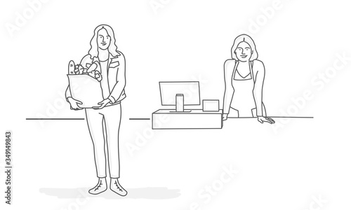 Customer holding paper bag with organic fresh food. Woman cashier in supermarket. Line drawing vector illustration.