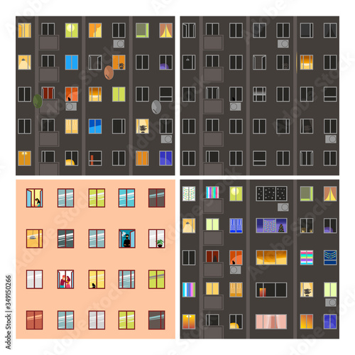 Windows of houses. a set of vector images of facades. dark and light Windows. people at home