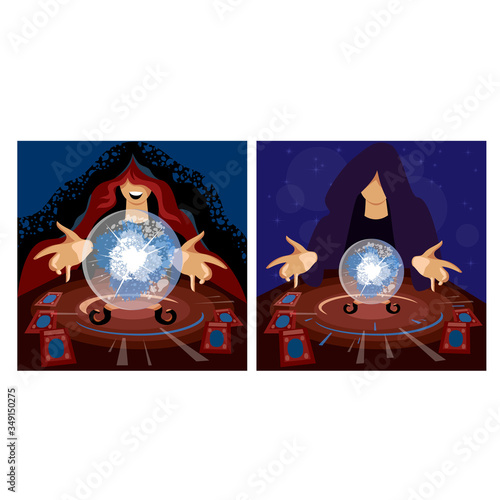 witch. a set of vector images of wizards. prediction on a crystal ball. cartomancy