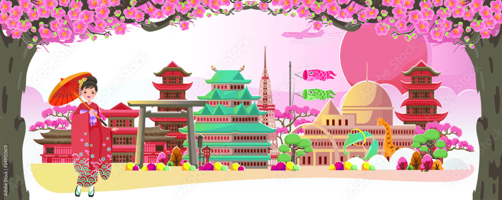 Welcome to japan poster. Sakura scenery in the summer. Buildings and landmarks in Japan. Landscapes of the Japan countryside. Design cards for postcards and tourism. Woman japanese in kimono dress. Welcome to japan poster. Sakura scenery in the summer. Buildings and landmarks in Japan. Landscapes of the Japan countryside. Design cards for postcards and tourism. Woman japanese in kimono dress.