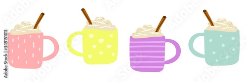 Set of Vector multi-colored cozy cups with hot drinks isolated on a white background. Pink, violet, blue, yellow holiday ornamented cups with coffee, eggnog, cocoa, chocolate, cream, cinnamon, spices