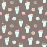 Foam cappuccino cup and macarons seamless pattern