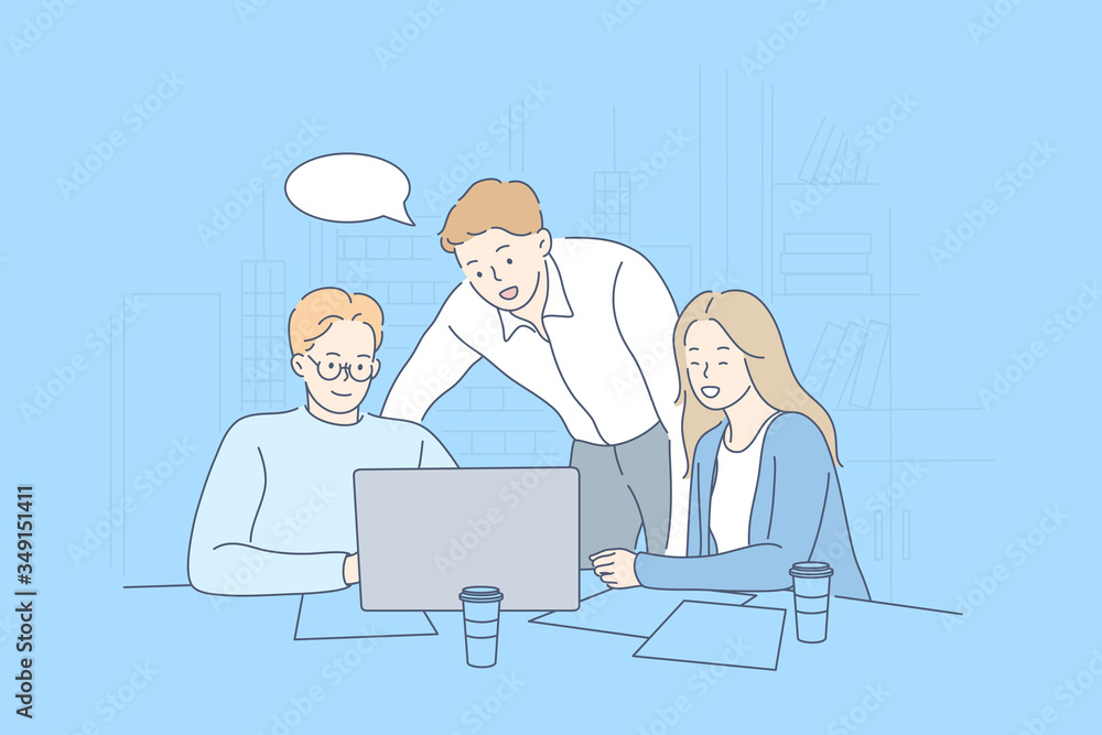 Meeting, coworking, teamwork, analysis business concept. Team group of people businessmen women coworkers partners collaborate in office together. Statistic planning and training cartoon illustration. Meeting, coworking, teamwork, analysis business concept. Team group of people businessmen women coworkers partners collaborate in office together. Statistic planning and training cartoon illustration.