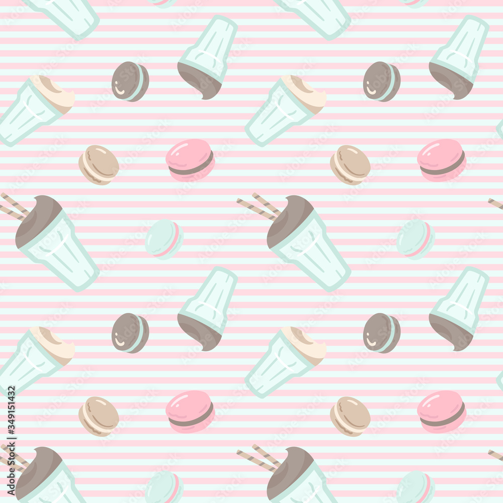 Foam cappuccino cup and macarons seamless pattern Foam cappuccino cup and macarons seamless pattern