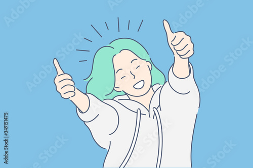 Like sign, joy, approval, happiness concept. Young happy smiling woman or girl teenager cartoon character showing thumbs up. Success and goal achievement facial expression flat vector illustration.