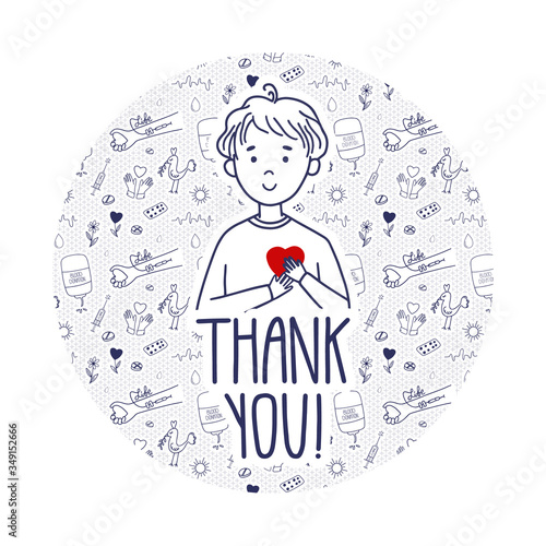 Donation day doodle concept with pattern background.  Vector Thank you page for blood donors website. Boy holds heart as a metaphor of life.