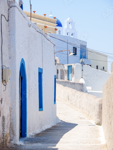 Pyrgos city view, Typical white santorini architecture. Santorini island view. Cyclades, Greece.