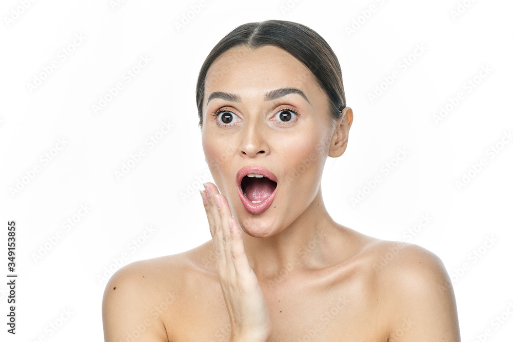 Headshot Portrait of happy girl with freckles smiling looking at camera. White background. Headshot Portrait of happy girl with freckles smiling looking at camera. White background.