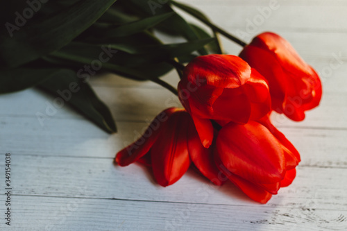 Fototapeta Naklejka Na Ścianę i Meble -  red tulips on a white wooden background, red flowers