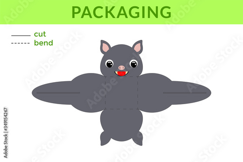 Adorable DIY party favor box for birthdays, baby showers with cute bat for sweets, candies, small presents, bakery. Printable color scheme. Print, cut out, fold no glue. Vector stock illustration.