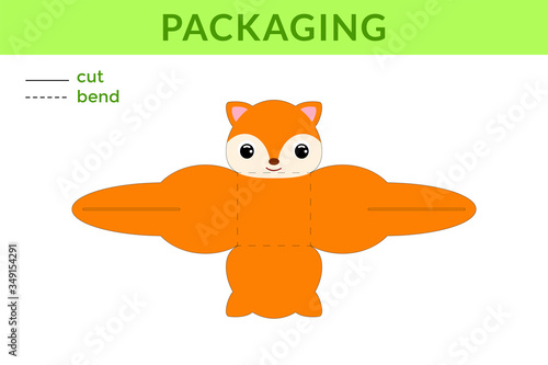 Adorable DIY party favor box for birthdays, baby showers with cute fox for sweets, candies, small presents, bakery. Printable color scheme. Print, cut out, fold no glue. Vector stock illustration.