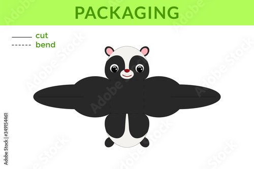 Adorable DIY party favor box for birthdays, baby showers with cute skunk for sweets, candies, small presents, bakery. Printable color scheme. Print, cut out, fold no glue. Vector stock illustration.