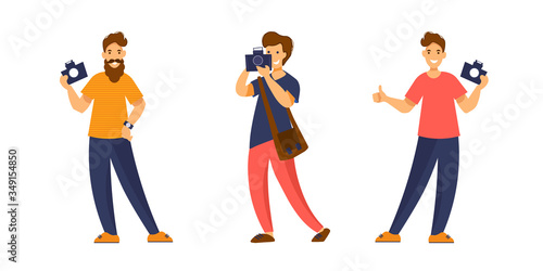 Set of different men photographers with digatal photo camera isolated on white background.