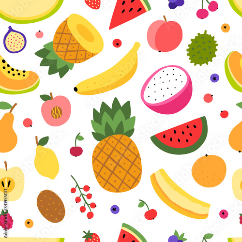 Colorful vector fruit pattern. Seamless background with different fruits and berries. Healthy eating seamless pattern