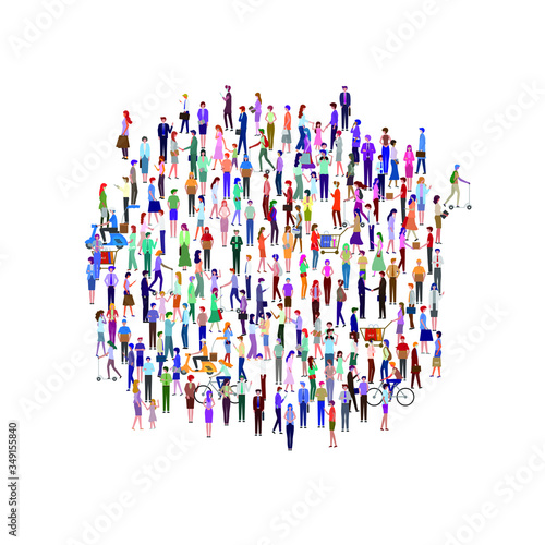A large group of people standing in a circle. High angle view or top view image. Isolated, white background. Vector illustration.
