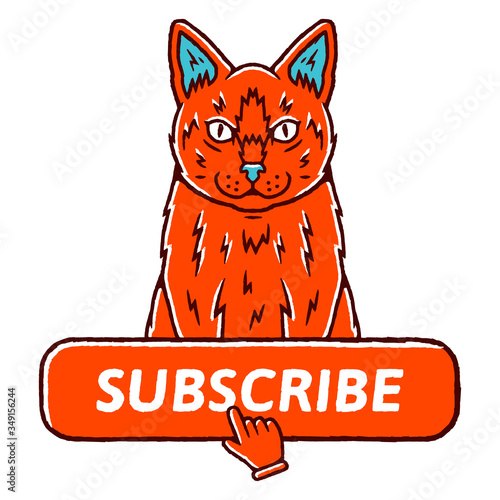 Cat Funny Video concept. Red Button Subscribe to channel, Bell button, Hand Cursor, Video Content. Social media and Cat concept on white background isolated. Stock Vector Illustration. 