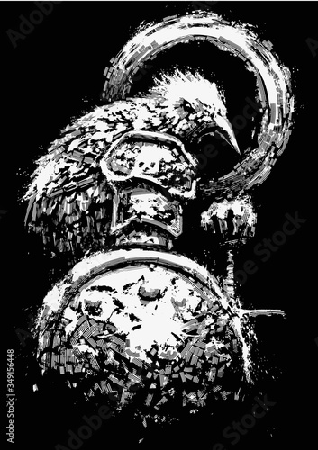The Raven warrior, with the body of a humanoid, leans on a sword, holding a round shield with dents in his left hand, glowering at the viewer . 2D illustration.